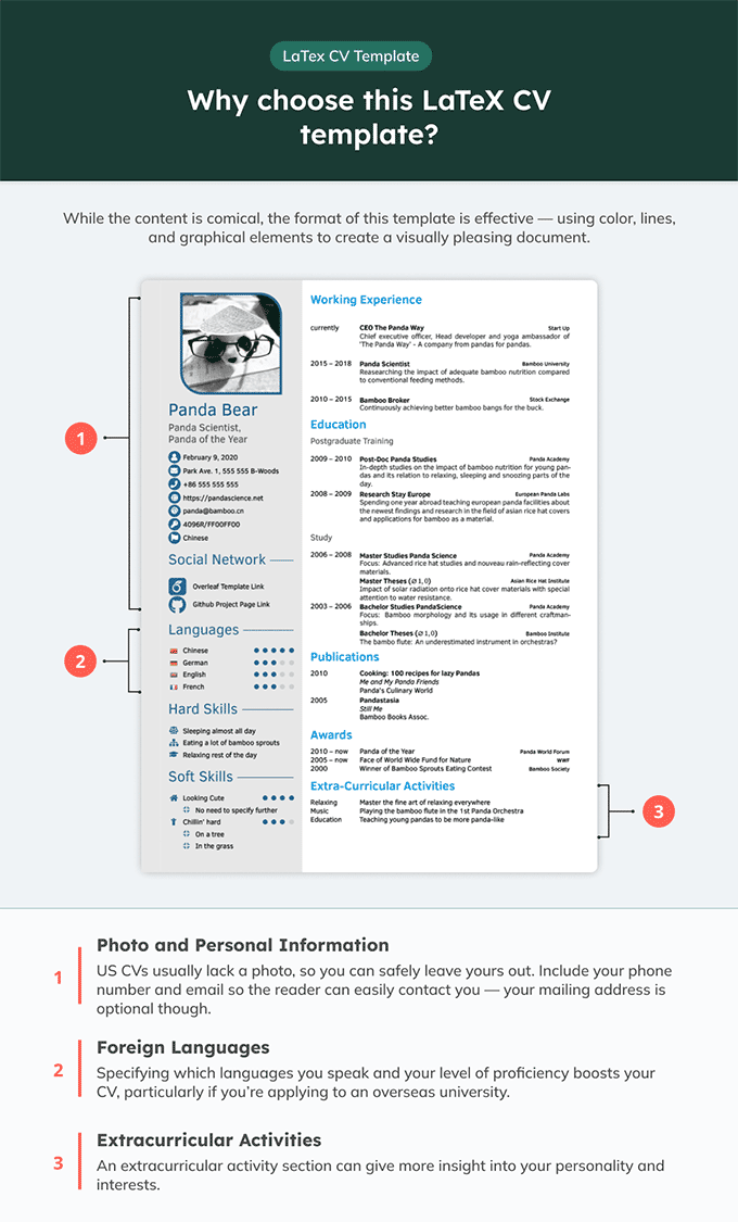 Infographic of a LaTeX CV template with skills bars and space for social networks.