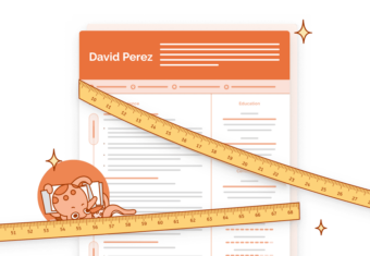 Illustration of a resume wrapped in measuring tape with Genie, the Resume Genius octopus, holding a multiple-page document.