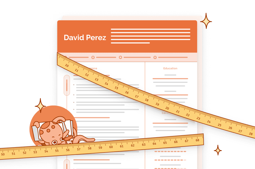 Illustration of a resume wrapped in measuring tape with Genie, the Resume Genius octopus, holding a multiple-page document.