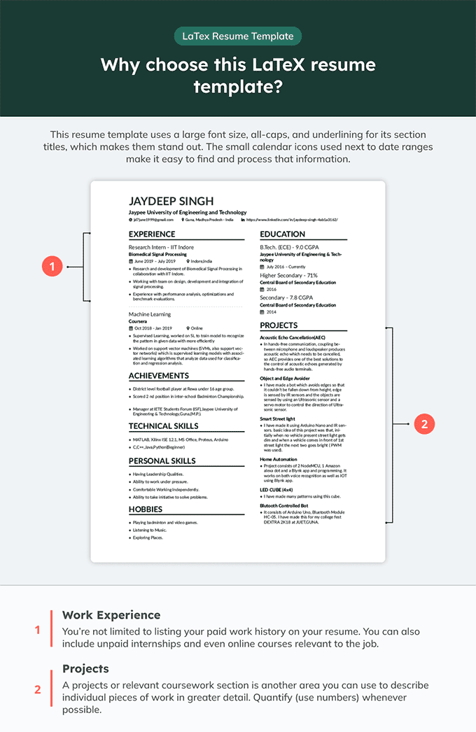 Infographic of a LaTeX resume template featuring two columns for job seekers.