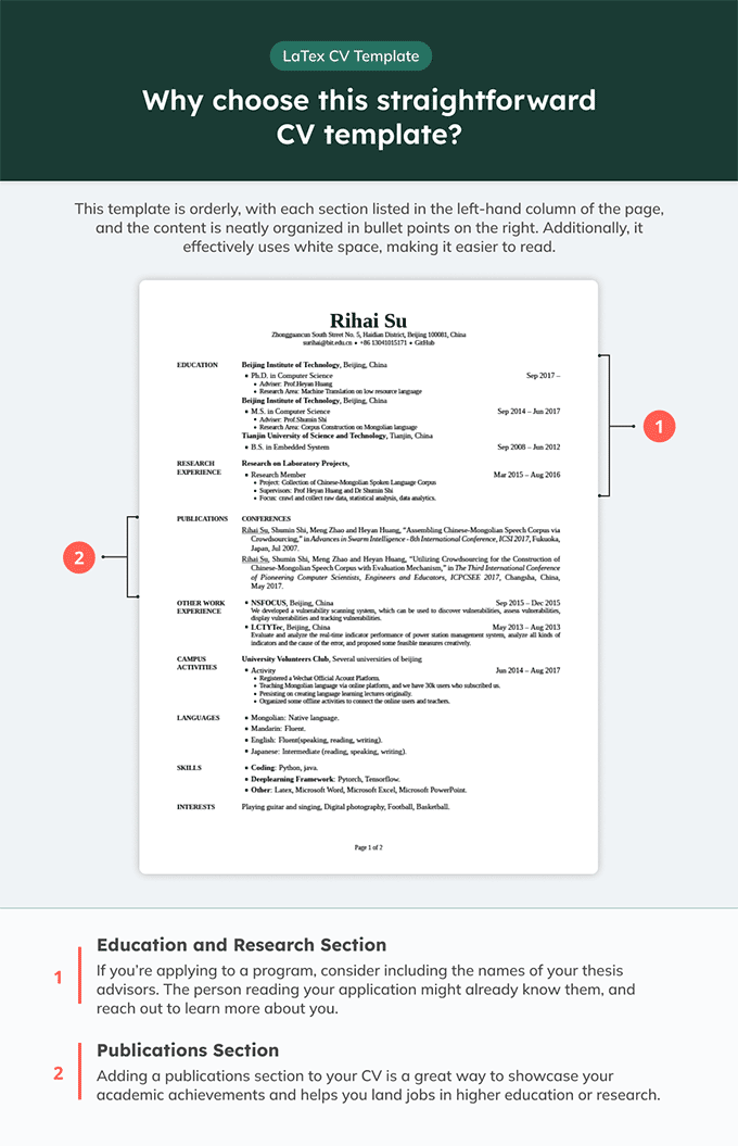 Infographic of a LaTeX CV template with easily expandable options.
