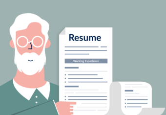 cartoon image of an old man holding a long resume, how far back should a resume go concept