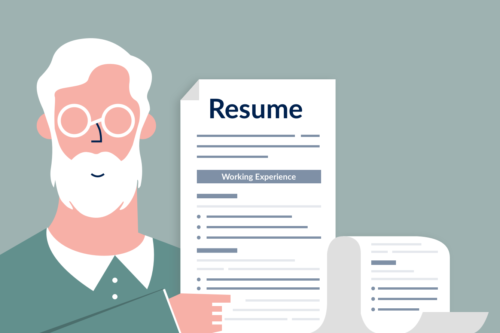 cartoon image of an old man holding a long resume, how far back should a resume go concept