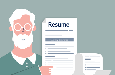 cartoon image of an old man holding a long resume, how far back should a resume go concept