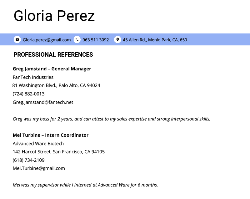 sample resume with references