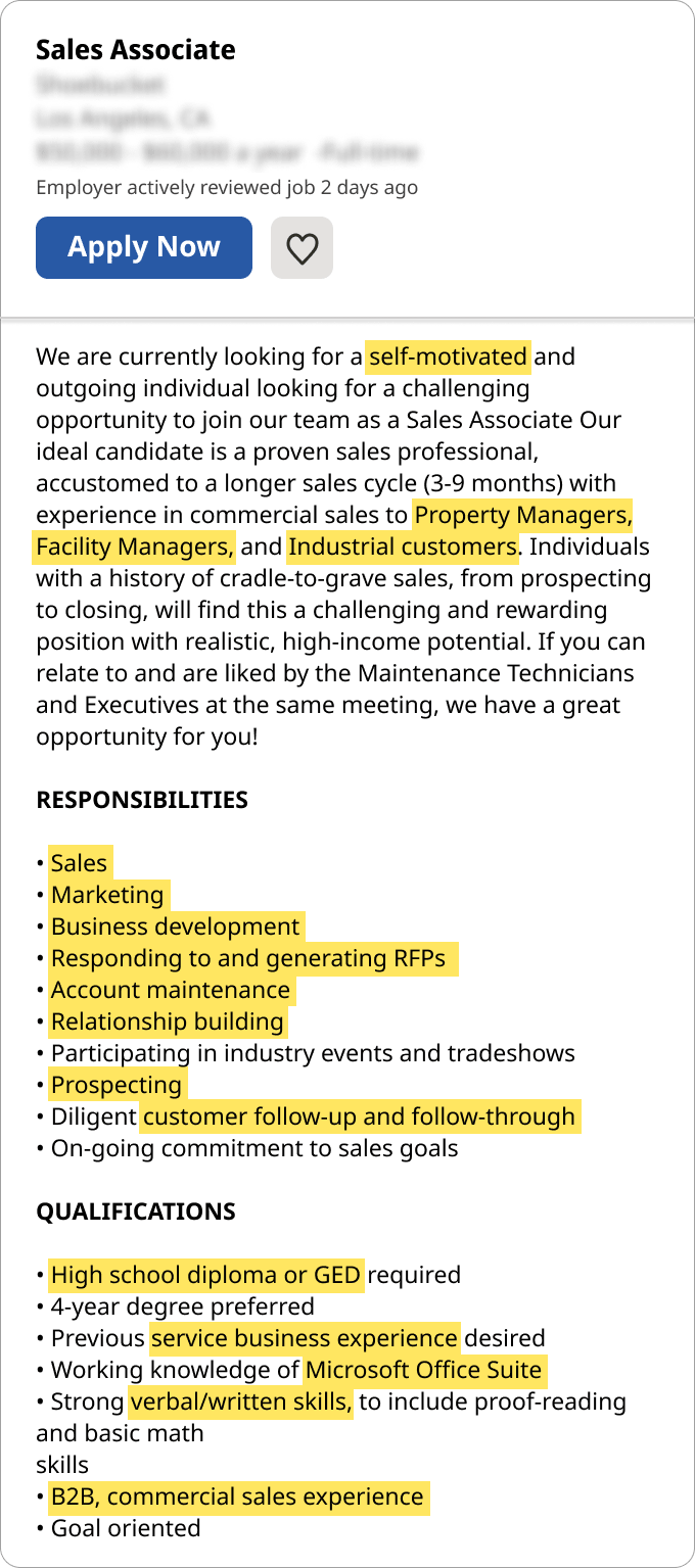 A job description posting for a sales associate position that has the relevant job keywords such as prospecting and relationship building highlighted in yellow for the reader's reference.