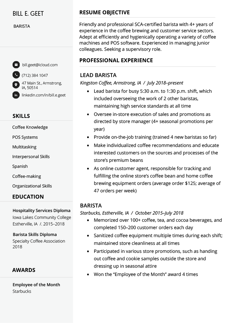 objective on resume for a barista