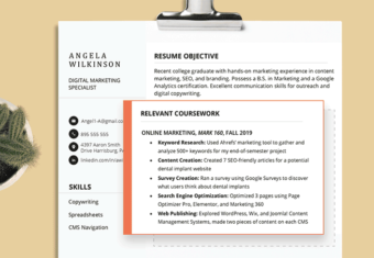 relevant coursework resume hero, resume coursework section is highlighted and zoomed in on