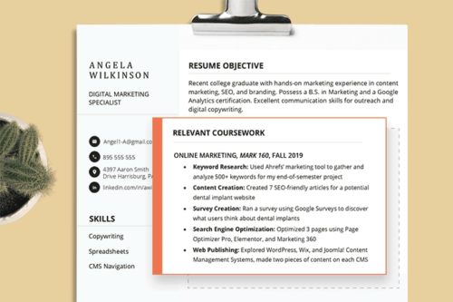 relevant coursework resume hero, resume coursework section is highlighted and zoomed in on