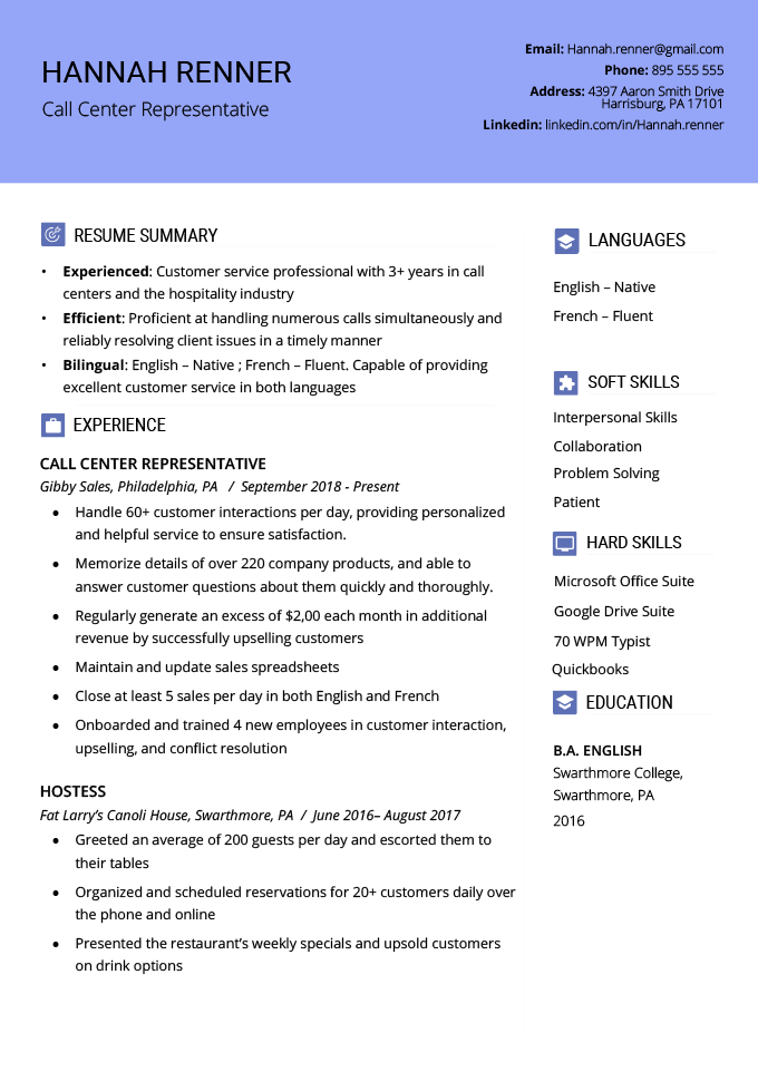 An example of a resume for a cover letter