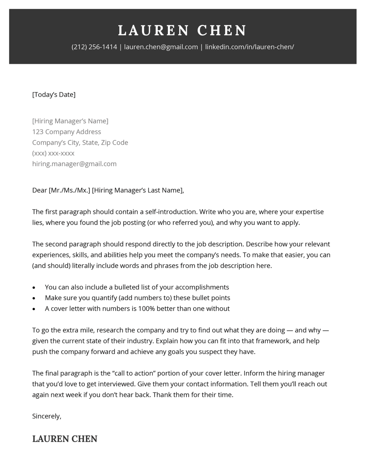 quick cover letter template