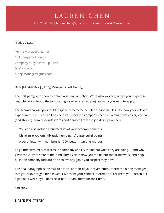 The 2024 cover letter template in red, featuring a bold, full color header and highly professional font.