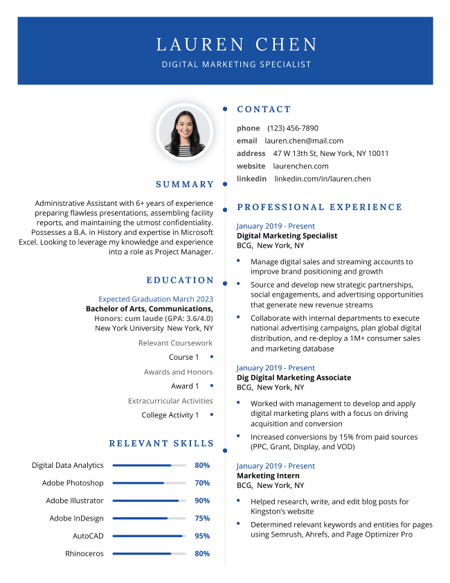 The 2024 resume template in blue, featuring a unique layout that's split in two with a dividing line down the middle. There's a space at the top for a round headshot.