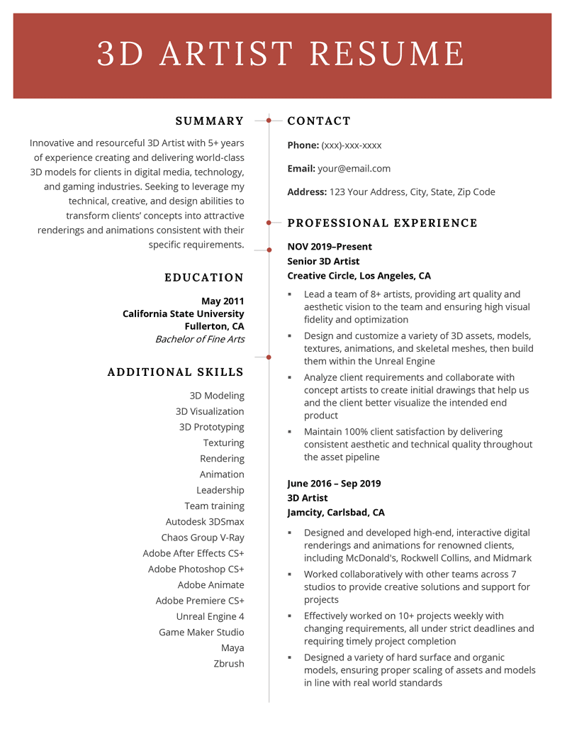 A 3D artist resume sample with a red header to make the applicant's name stand out