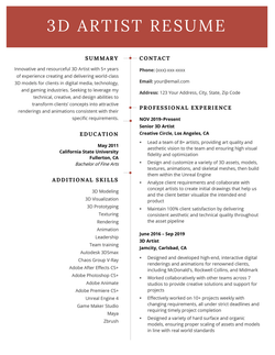 A 3D artist resume sample with a red header to make the applicant's name stand out