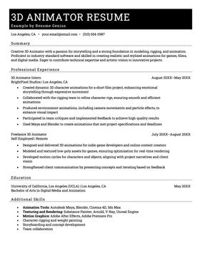 3D animator resume example and template