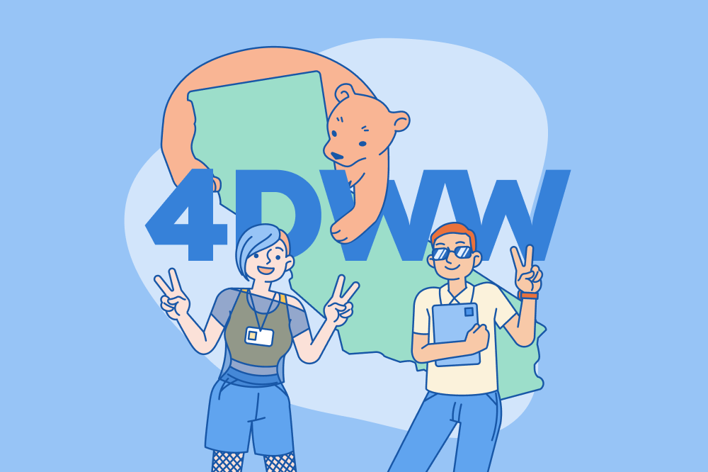 Two job seekers in front of the state of California talking about the 4-day work week California bill
