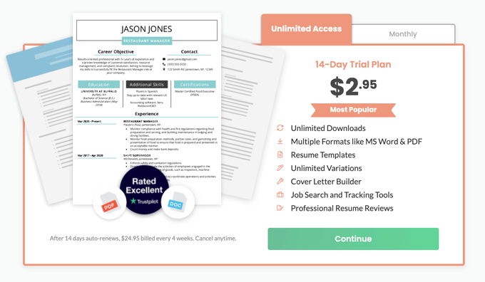 An image of a resume builder's payment plan options