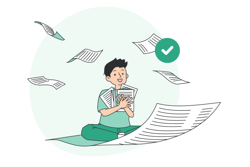 Green illustration of a job seeker sitting on a cover letter with a checkmark above them.