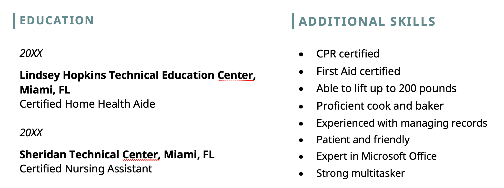 Two sections of a resume in side-by-side columns, which an ATS might be unable to parse
