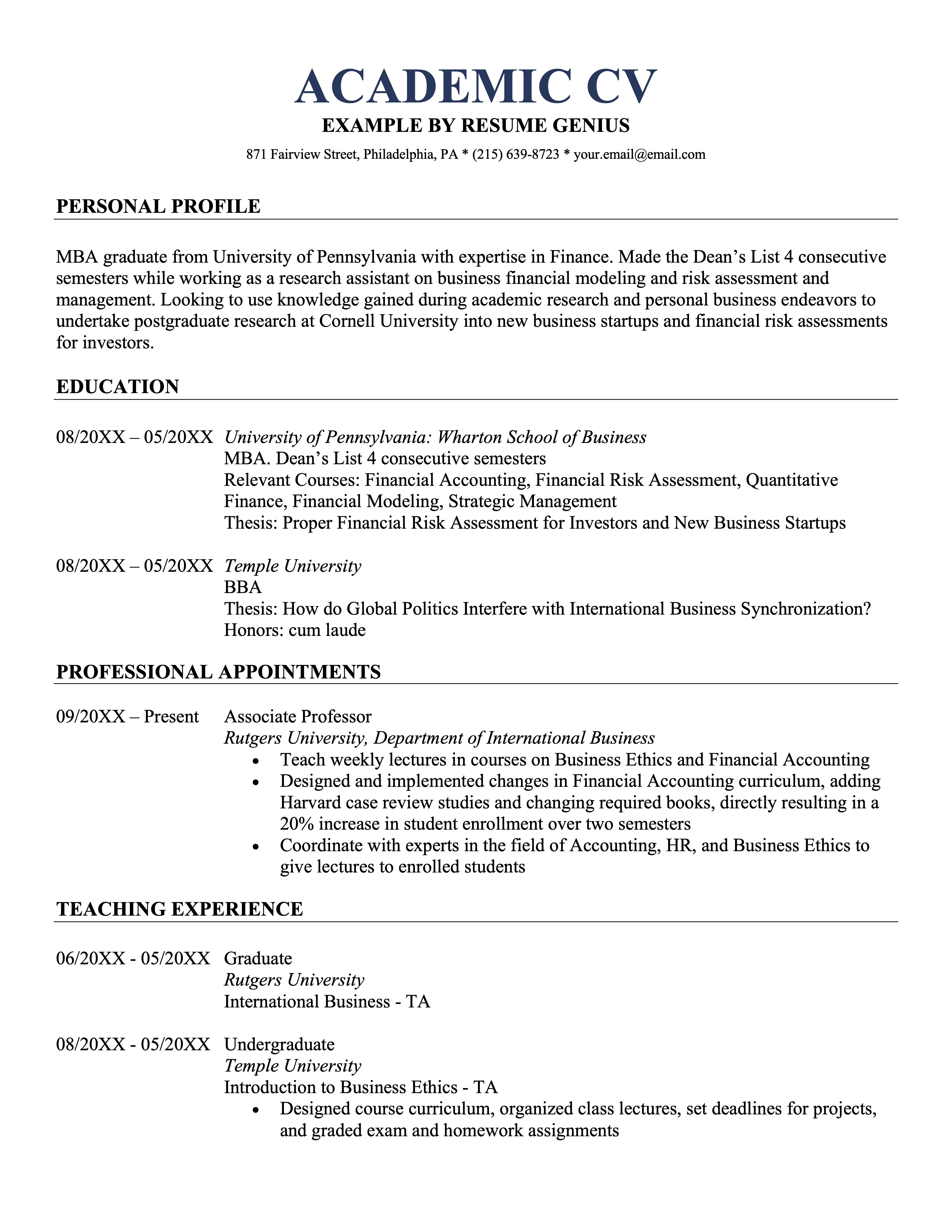 An example of an academic CV