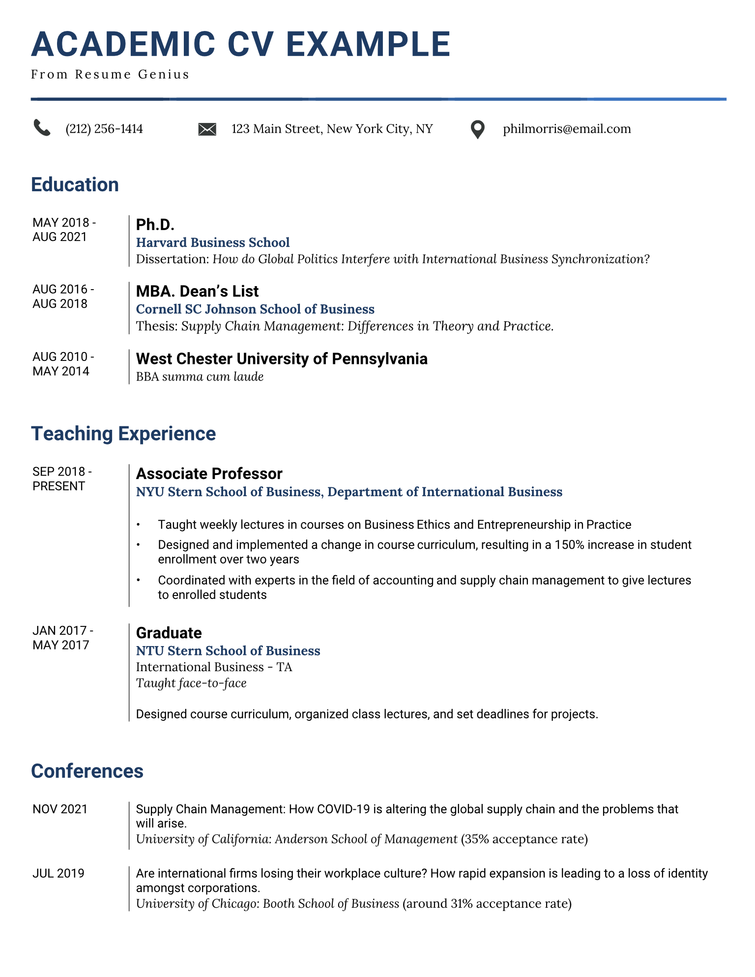 Example of an academic CV with a blue color scheme and formal design.