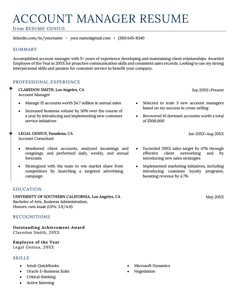 An account manager resume sample with blue text and sections for the applicant's summary, work history, education, awards, and skills