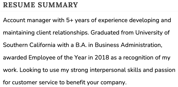 Example of an account manager resume summary