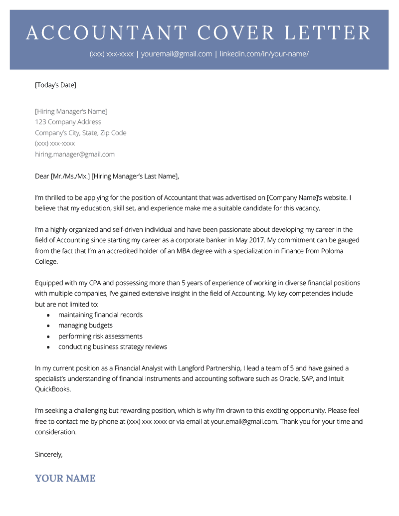 An example of an accounting cover letter