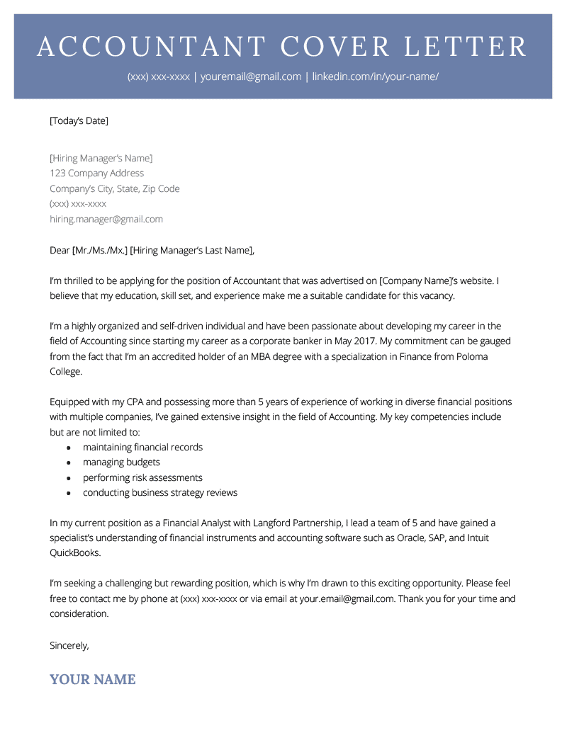 examples of a cover letter for accounting