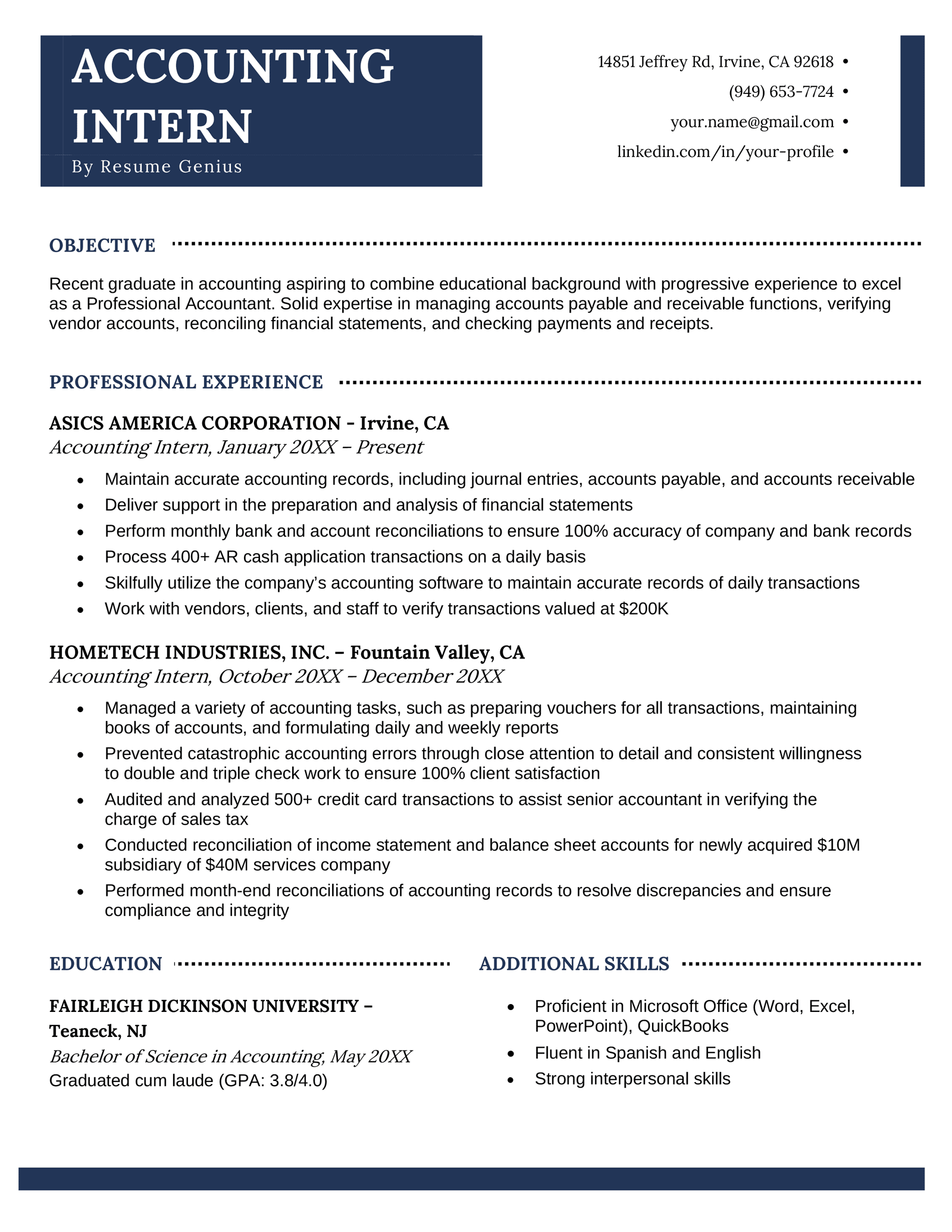 Sample of an accounting internship resume.