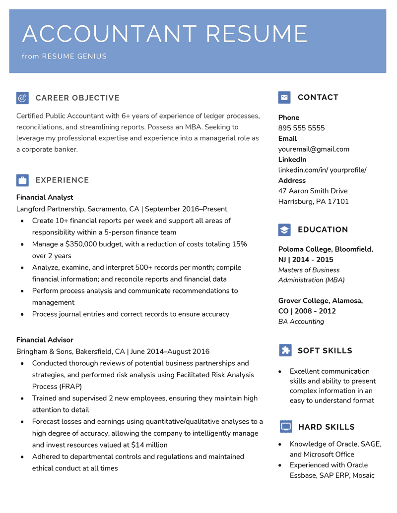 An accountant resume sample with a blue header and sections for the applicant's resume summary, work experience, education, soft skills, and hard skills