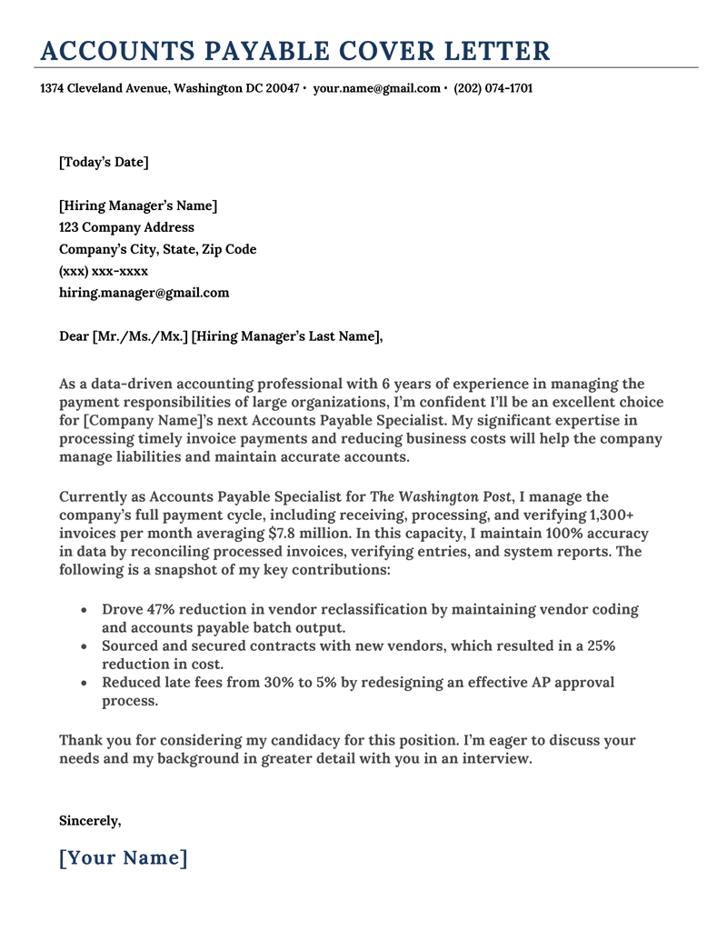 Accounts Payable Cover Letter Sample Template