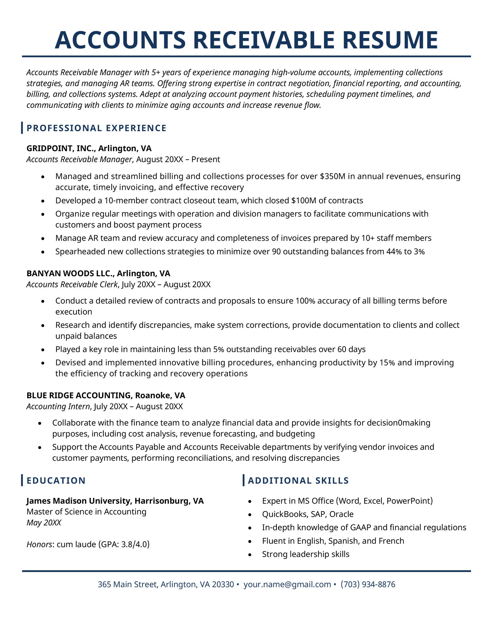 Example of an accounts receivable resume using a traditional resume with dark blue headings.