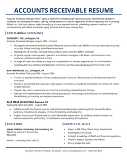 Example of an accounts receivable resume using a traditional resume with dark blue headings.