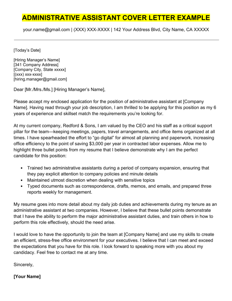 Administrative Assistant Cover Letter Example And Tips