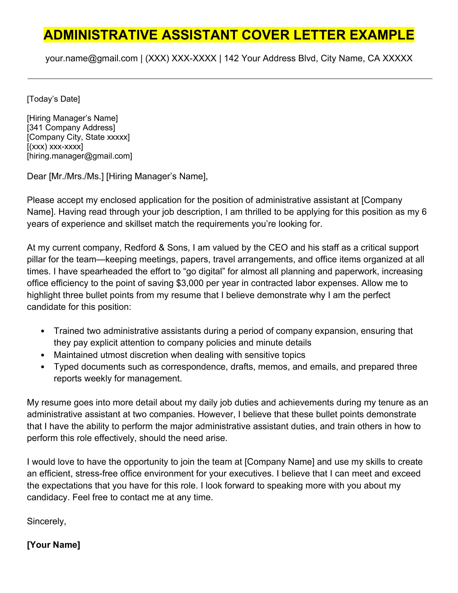 An example of an administrative assistance cover letter