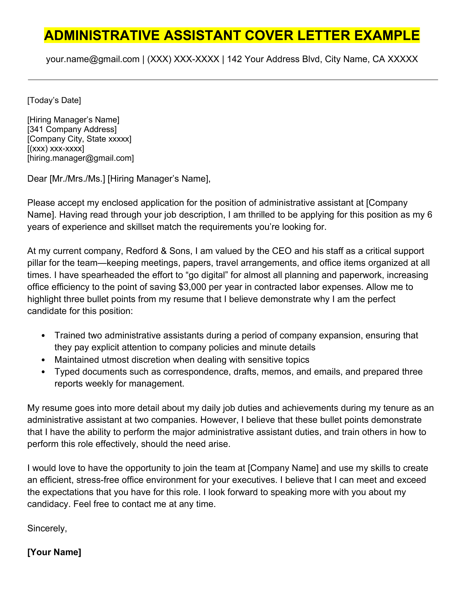 Administrative Assistant Cover Letter