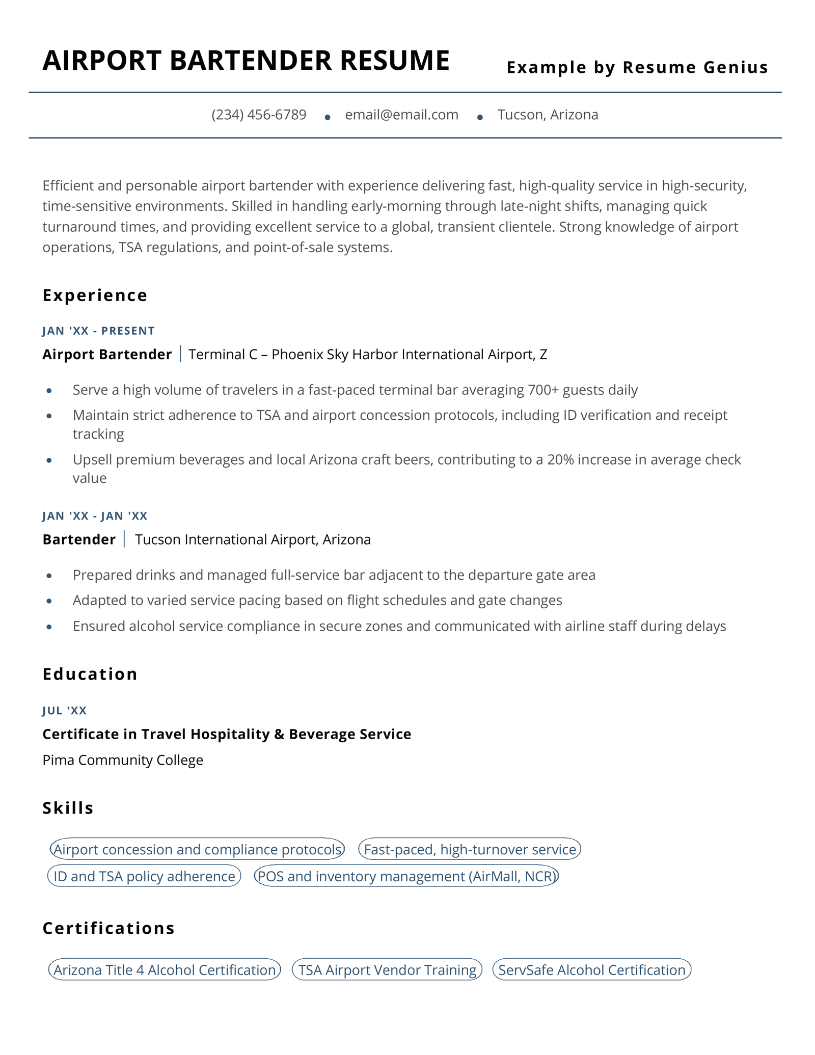 An airport bartender resume example.