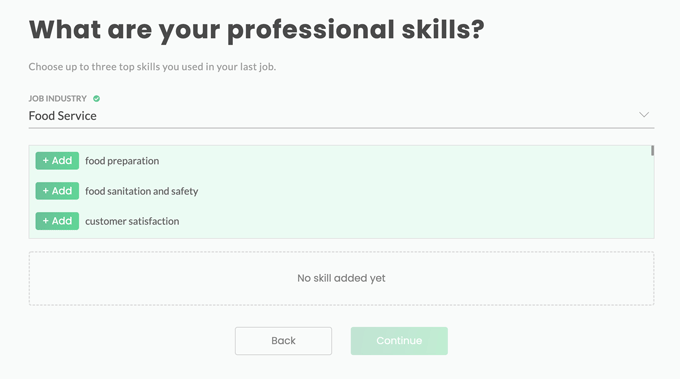 A screenshot that shows how to add hard skills when building a resume's career objective