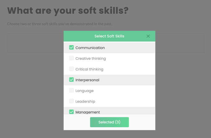 A screenshot that shows how to add soft skills when building a resume's career obective