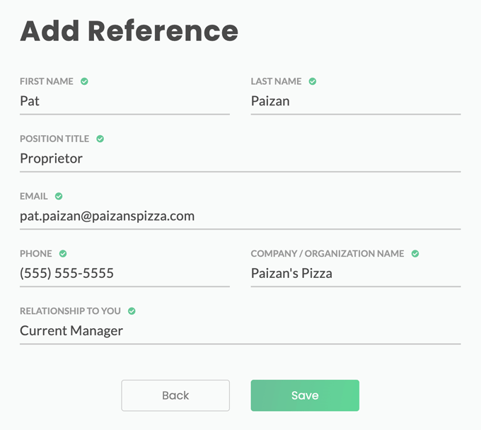 A screenshot that shows how to build a resume's reference section