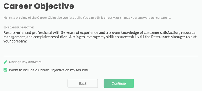 A screenshot of a career objective put together by a resume builder