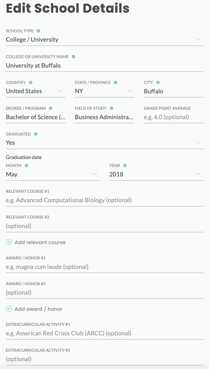 A screenshot of a resume generator's form for adding extra details when you build a resume's education section