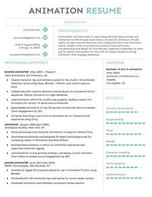 An example template of an animator resume.