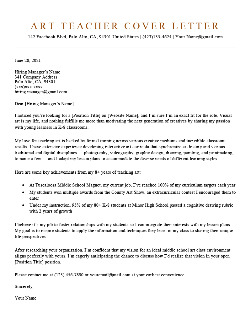 Art Teacher Cover Letter