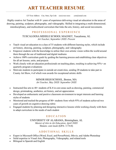 An art teacher resume sample