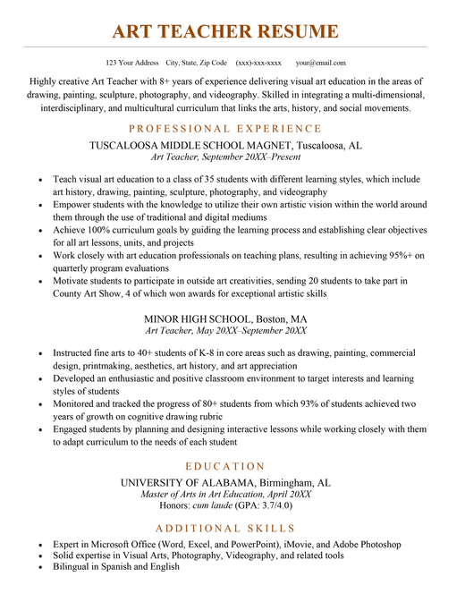 An art teacher resume sample