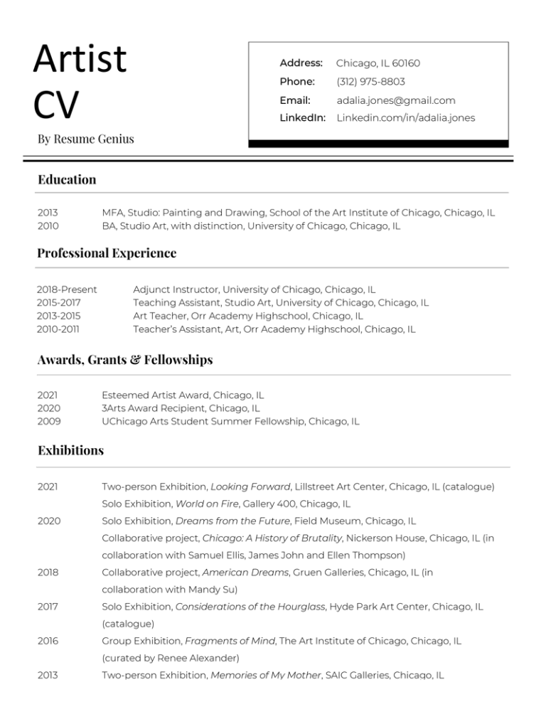 Artist CV Example Template How To Write Resume Genius