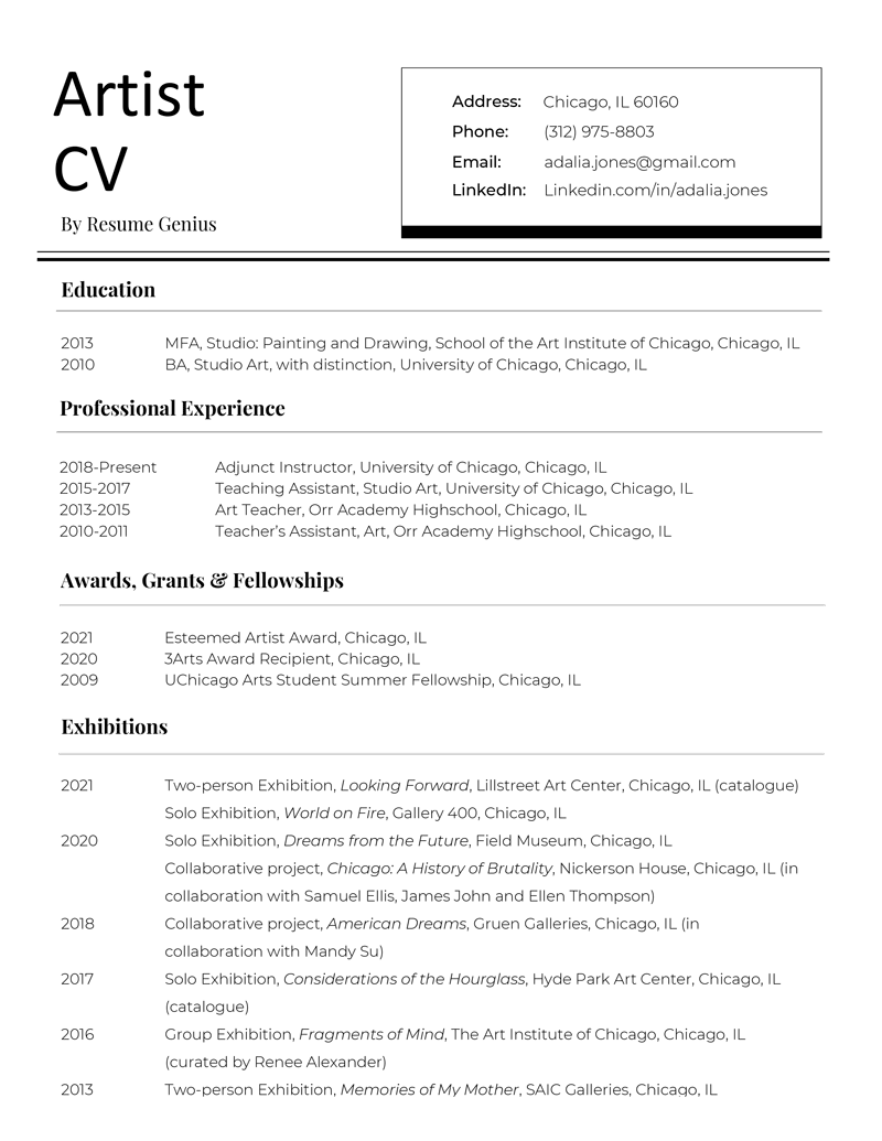 Example of an artist CV.